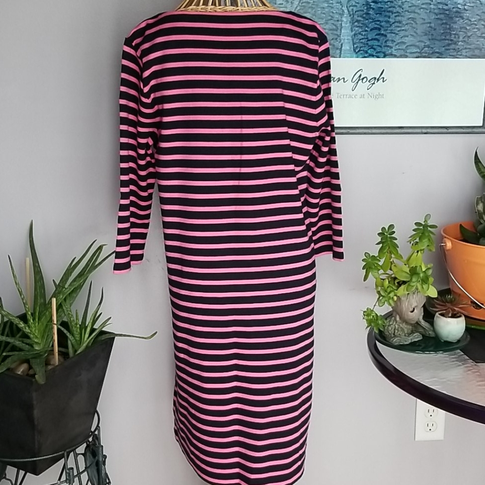 Talbots Petites Pink and Black Striped 3/4 Sleeve Midi Large Petite Dress - Picture 3 of 9